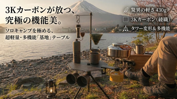 3Kカーボンが放つ機能美。ソロキャンプを極める、超軽量・折り畳み式ミニテーブル