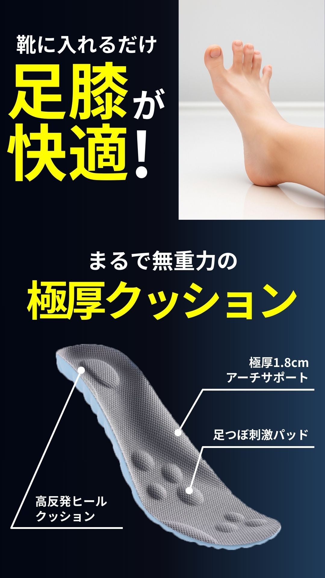 抗菌加工】極厚クッション、まるで無重力。柔らか＆高反発インソール第