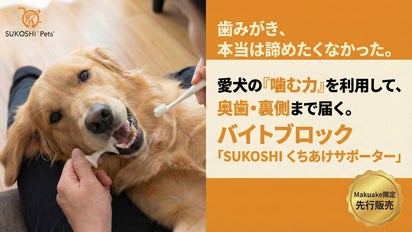 愛犬の“噛む力”を利用して届く。 大型犬用歯みがき補助具「くちあけ