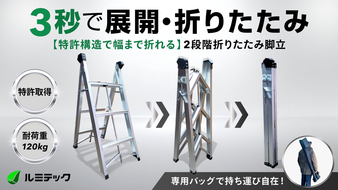 【特許構造で幅まで折れる】車載も移動も自在。2段階折りたたみ脚立スリムスティック