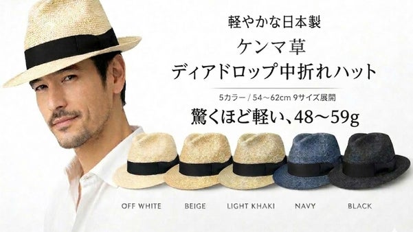 似合うサイズが見つかる。驚くほど軽いケンマ草ティアドロップ中折れハット