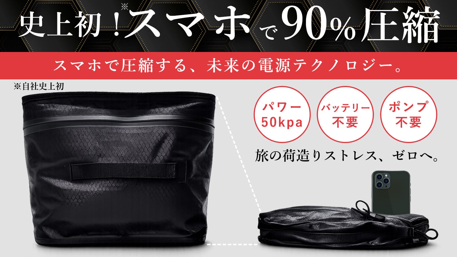スマホの電力で圧縮する次世代圧縮ケース登場！ポンプ不要！革新的な旅
