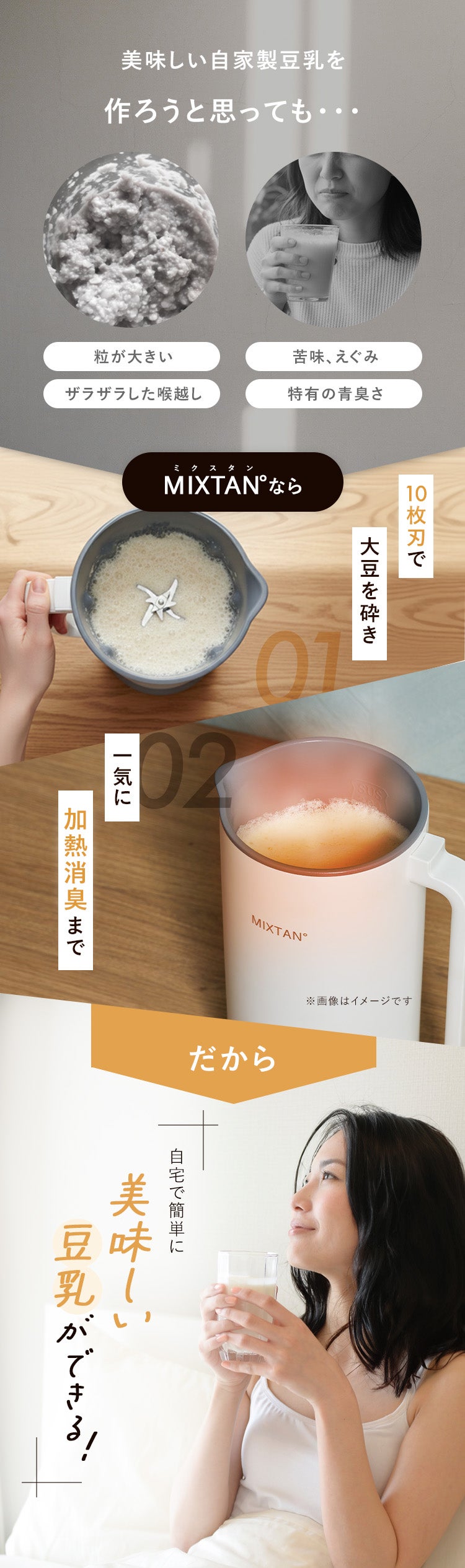 買うより、つくる。豆乳習慣」自宅で簡単・30分！豆乳メーカー【MIXTAN