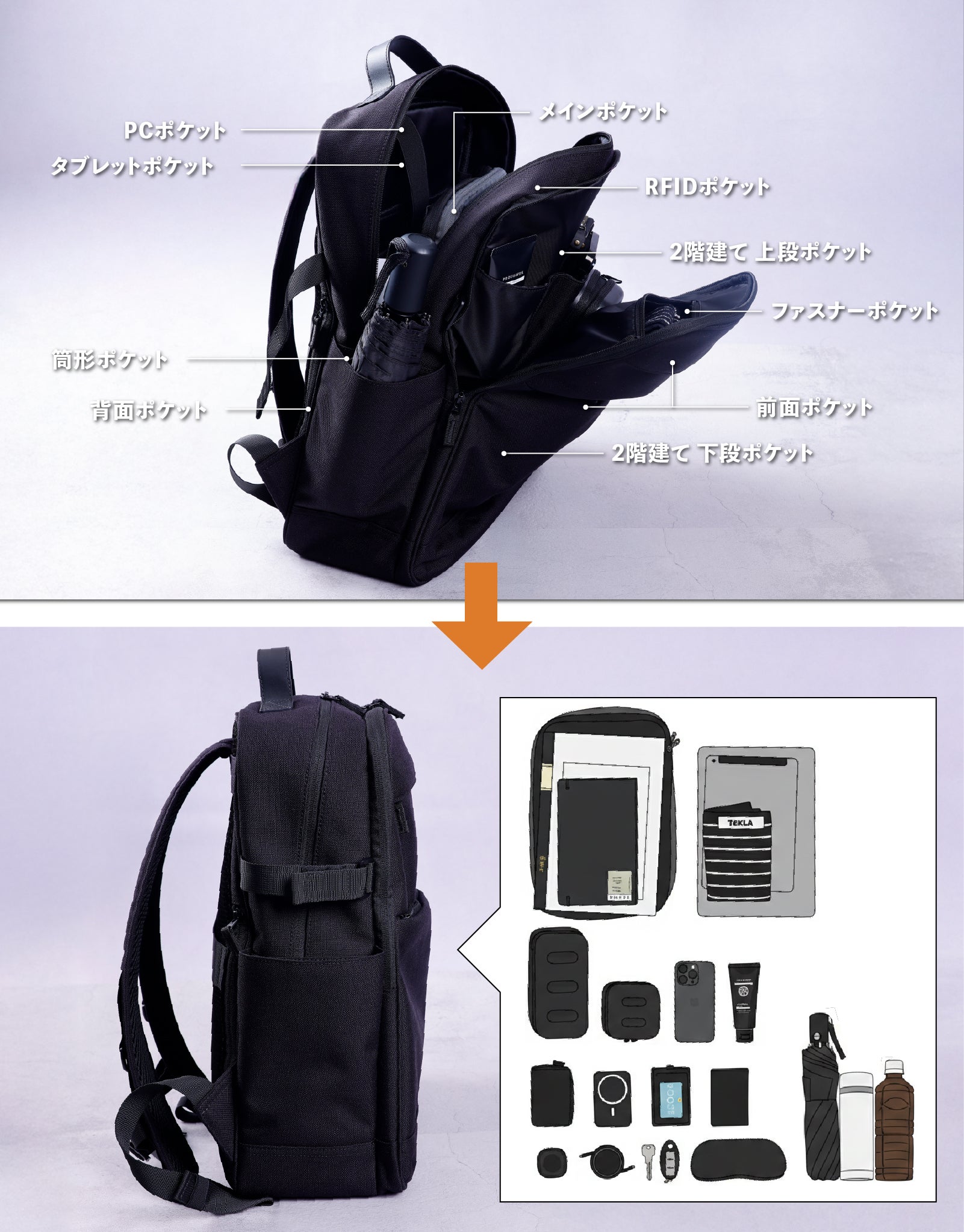 【未使用近い】ビジネスリュック ブラック TIDY BP+ 2階建て×多段構造 2階建て×多段構造の『探さないリュック』。荷物を探す時間は、もう人生