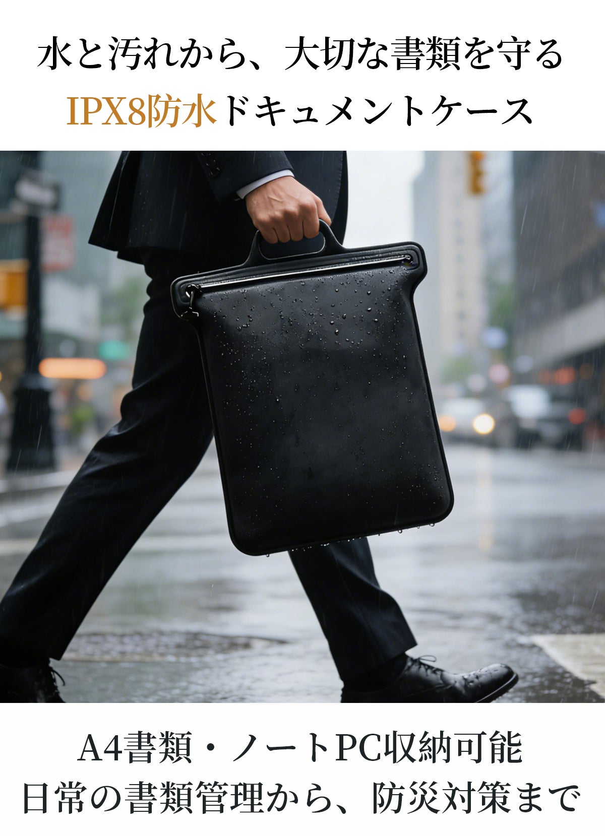 IPX8防水ファスナー採用。大切な書類を守る超薄型ドキュメントケース