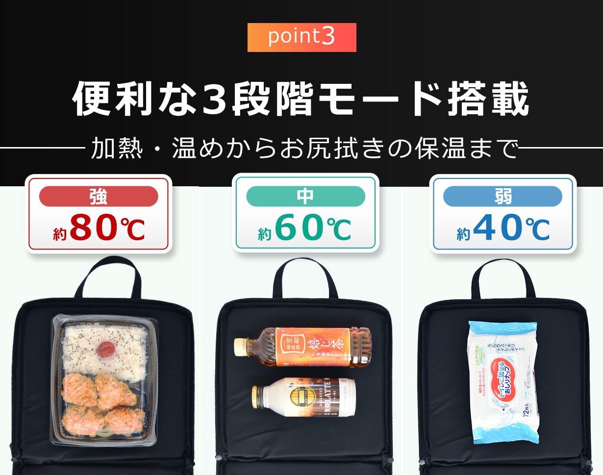 4分で80℃加熱＞どこでもコンビニ弁当もそのまま加熱。まるで電子レンジ