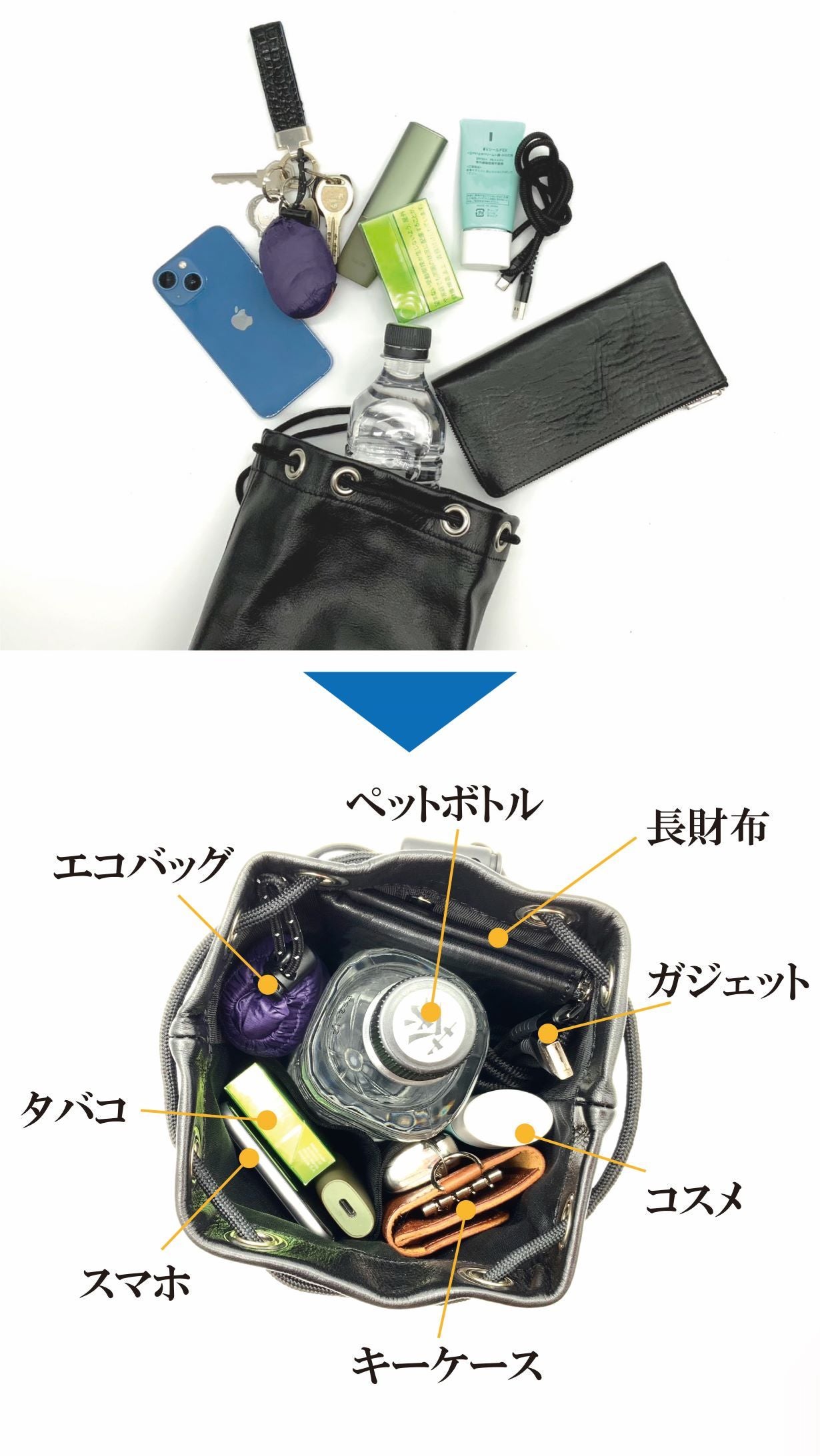 ペットボトルも入る収納力、撥水仕様で軽くて毎日使える4way本革巾着