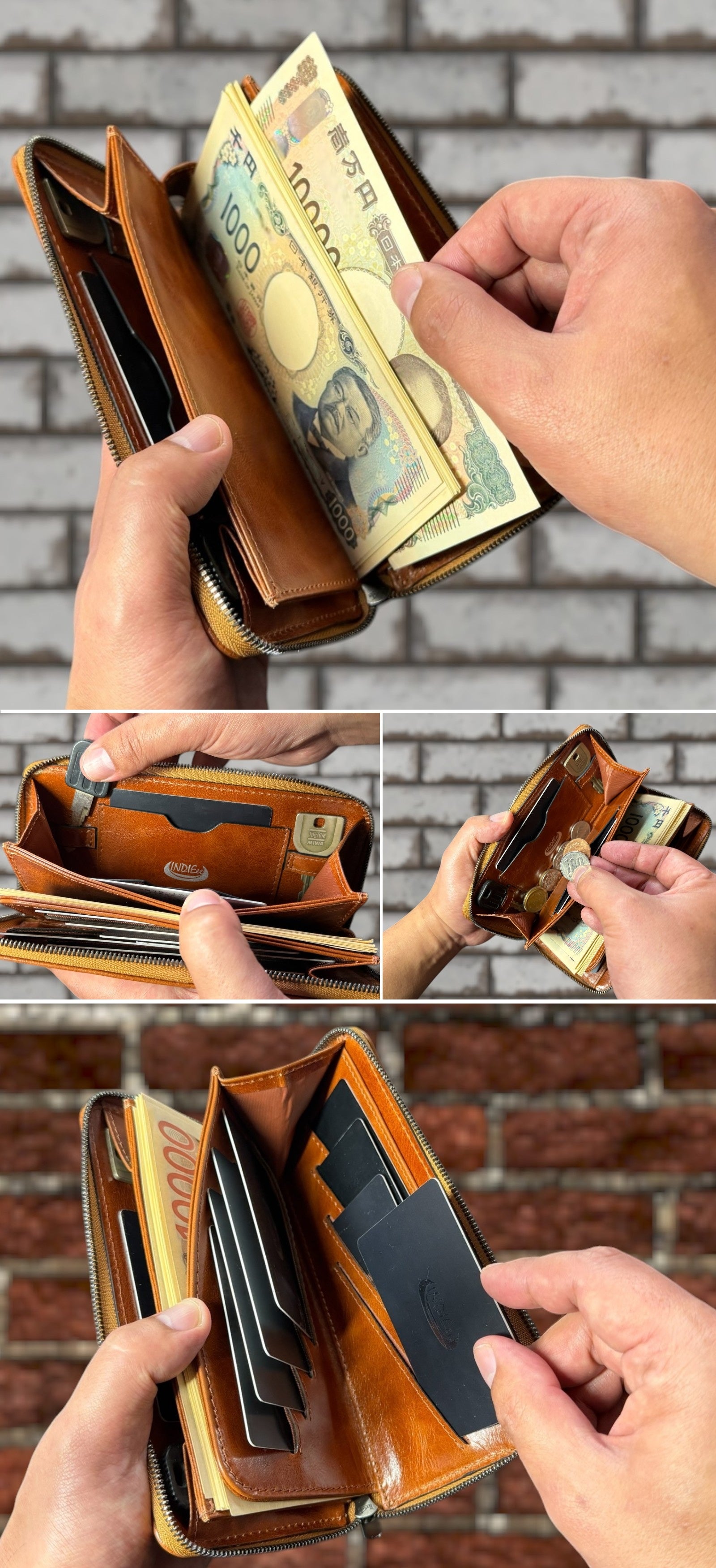 手作り オイルレザー 長財布 ブラウン 圧倒的収納美」アンティークオイルレザーで仕立てた、スマートラウンド