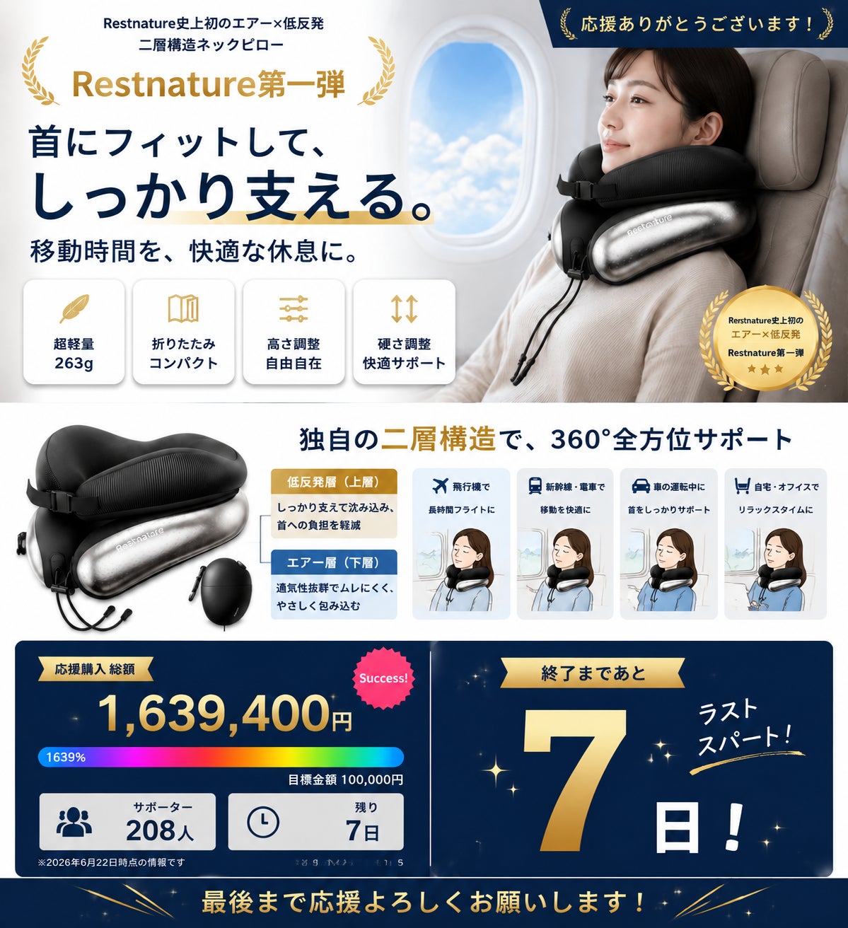 二層構造で360°支える次世代ネックピロー｜柔らかさ×安定感×軽量