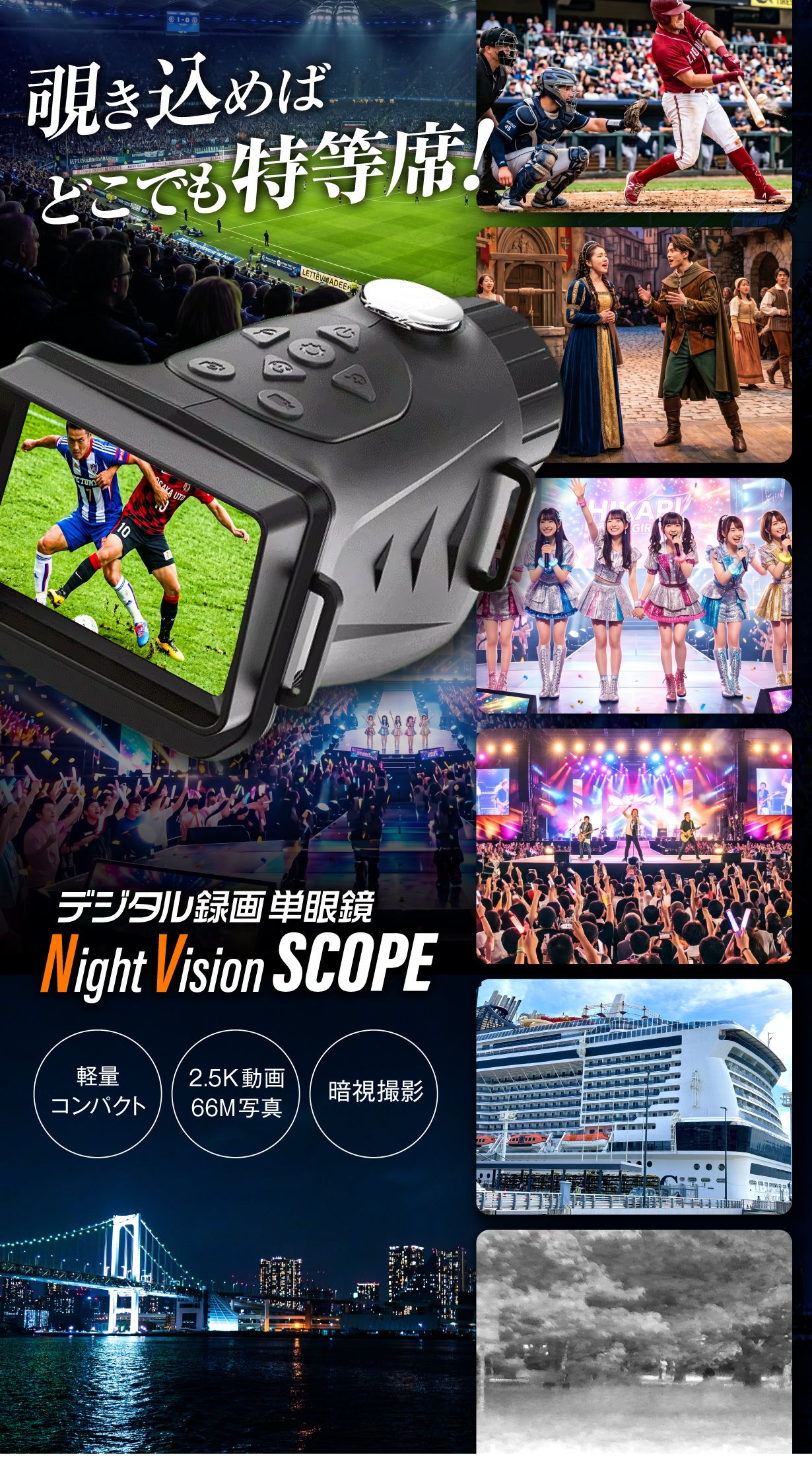 覗き込めばどこでも特等席！昼も夜も鮮明で、動画も写真も撮れる