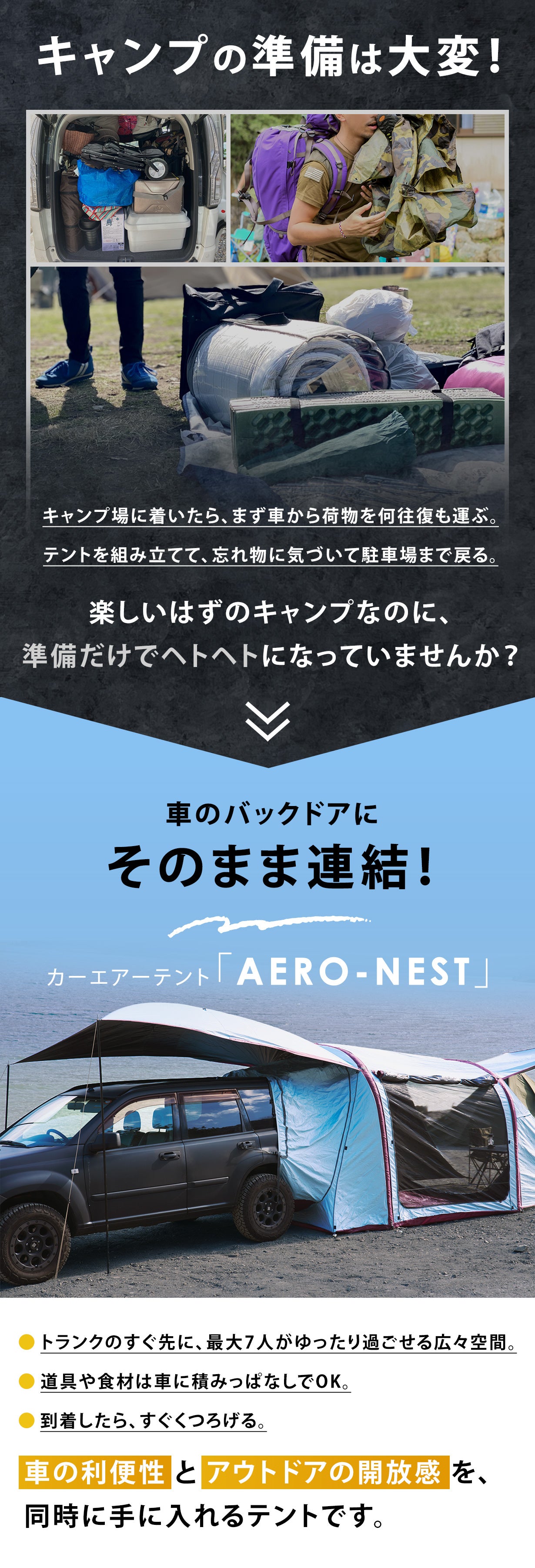 エアーテント、カーエアーテント トランクの先に大人数でくつろげる広々空間！カーエアーテント「AERO