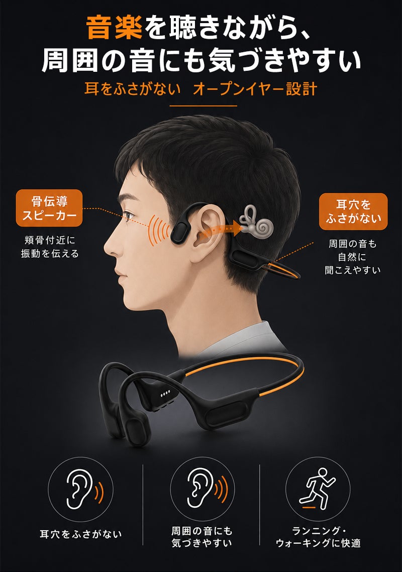 スマホなしでも音楽再生可能！夜道で目立つライト搭載！IPX8防水の骨
