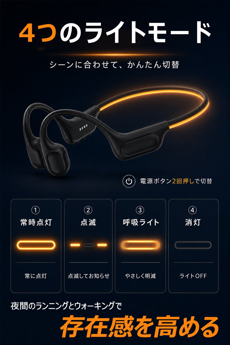 スマホなしでも音楽再生可能！夜道で目立つライト搭載！IPX8防水の骨