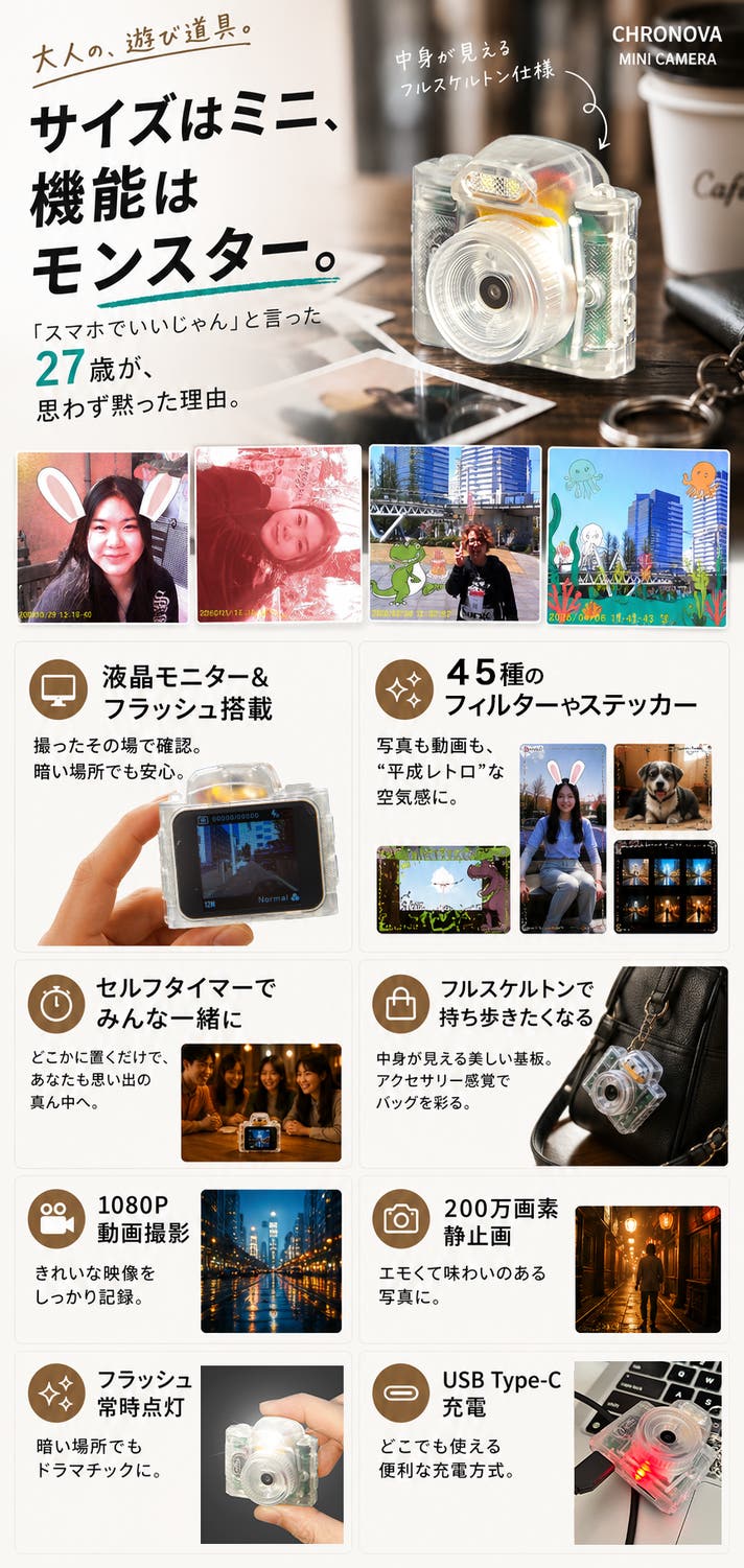 液晶・フラッシュ・動画撮影対応｜平成レトロな写りが楽しめる