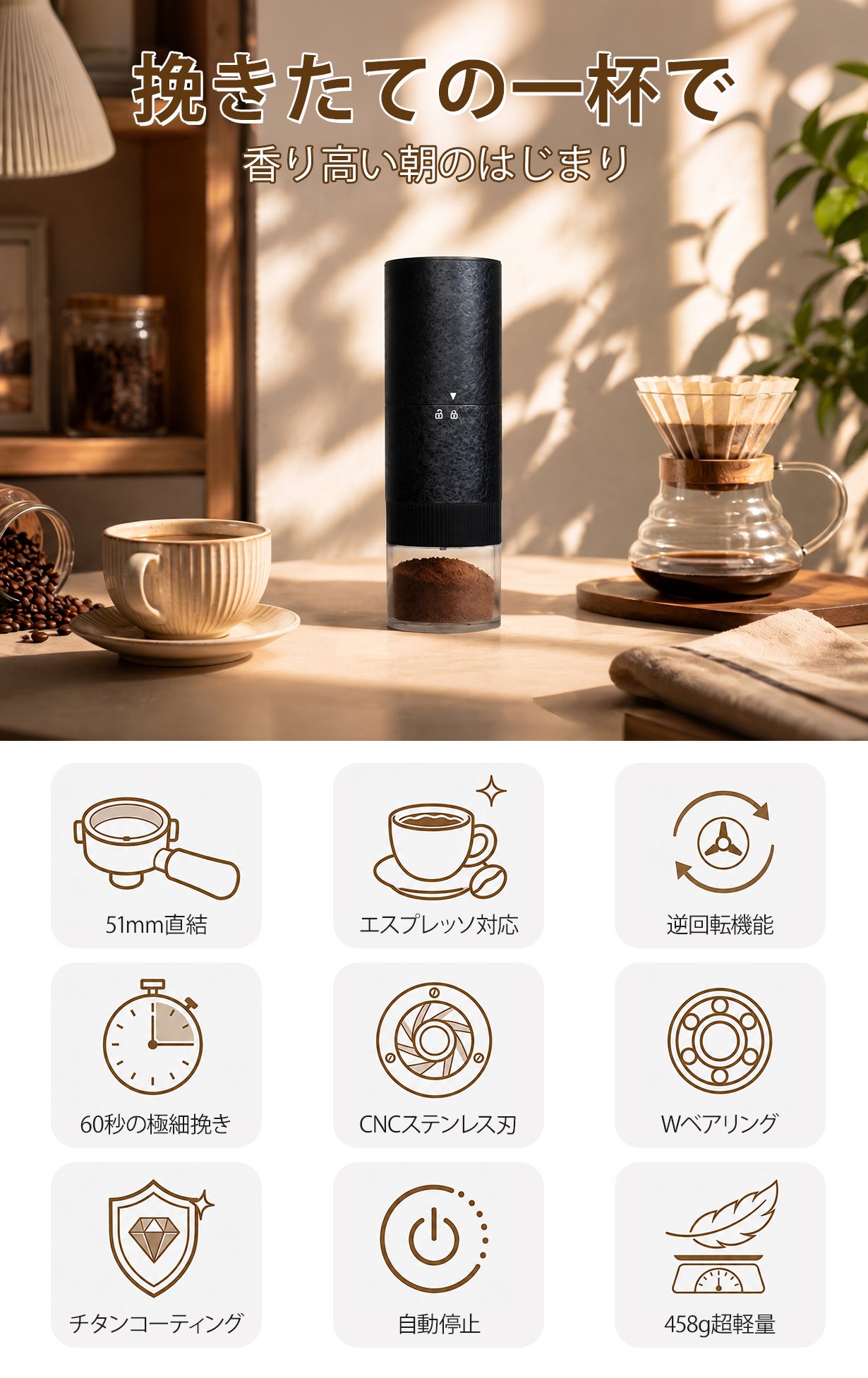 チタンコーティング】51mm直結で粉飛び防止！エスプレッソ対応コーヒー