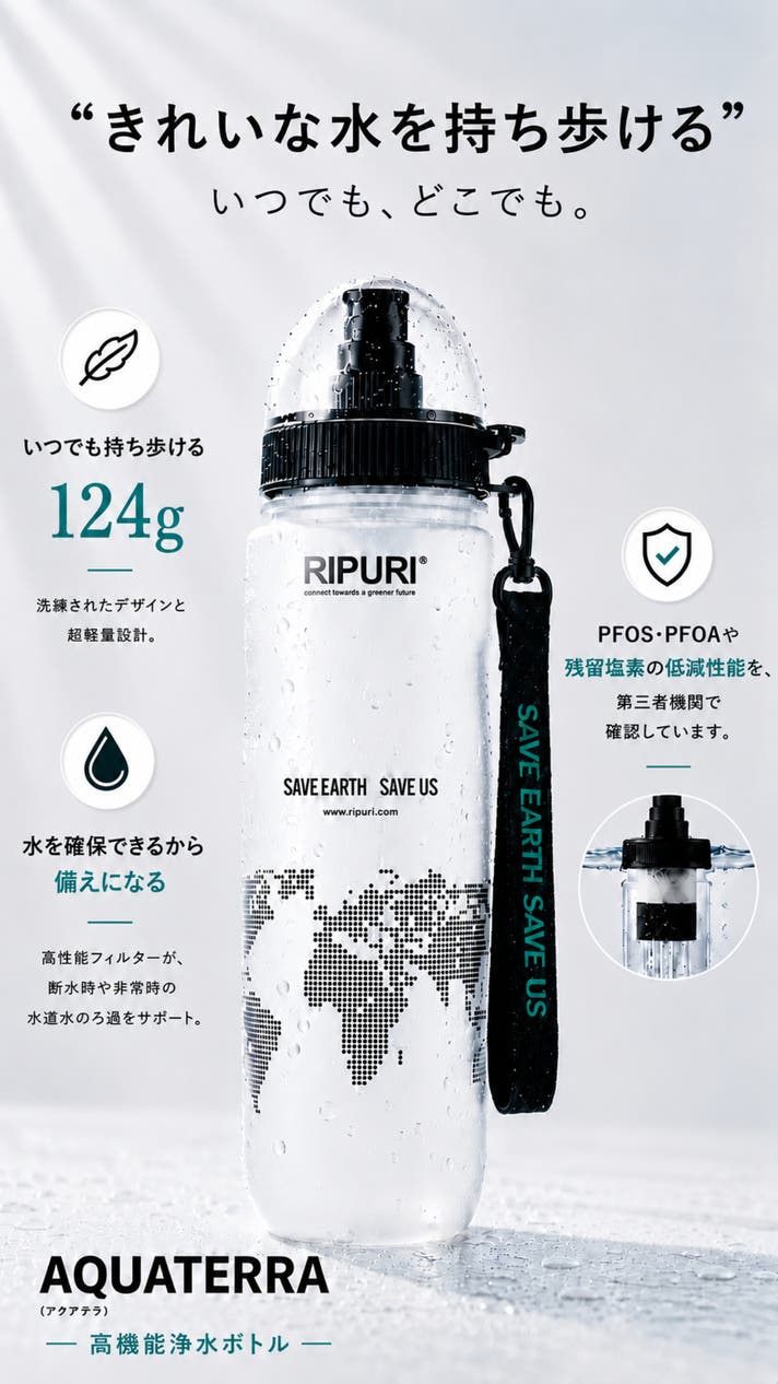 電源不使用　水素発生ボトル　Viiva PFAS対応。普段使いできる防災浄水ボトル｜断水時もきれいな水を確保