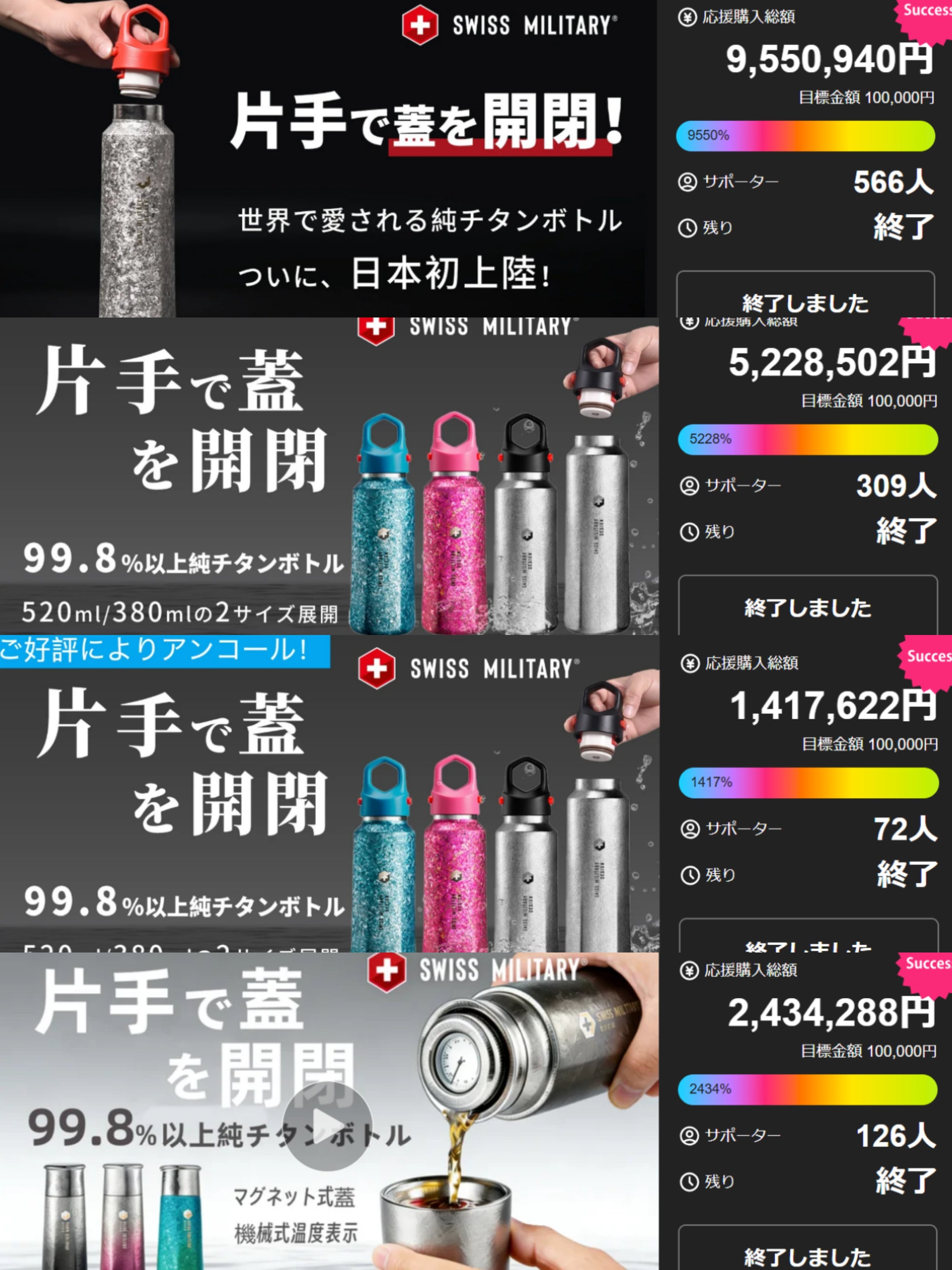 片手で瞬間開閉真空断熱ボトル、強靭なストラップ付き、アウトドアや