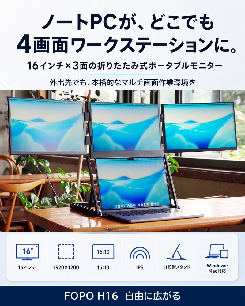パソコンがどこでも4画面ワークステーションに！16インチ×3面のPC