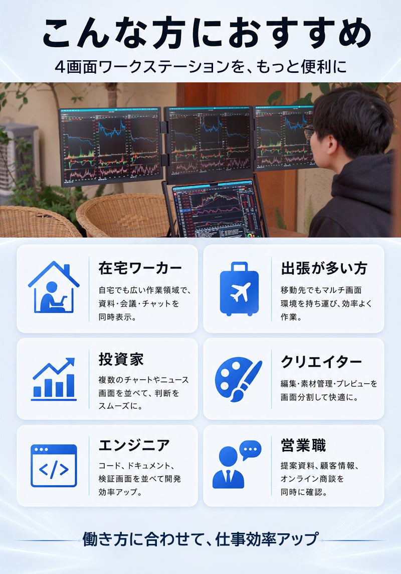 パソコンがどこでも4画面ワークステーションに！16インチ×3面のPC