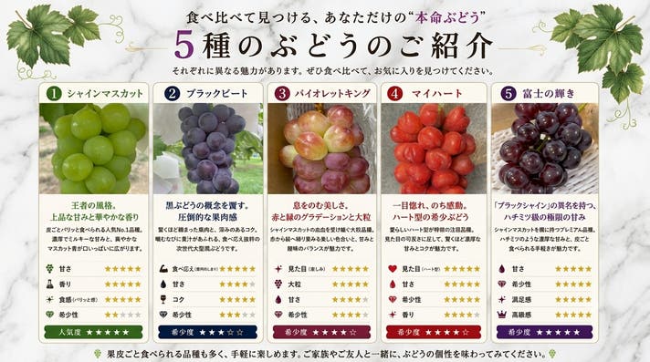 特別栽培ぶどう5種】試食後にあなたが選ぶ『本命の1房』をお届け