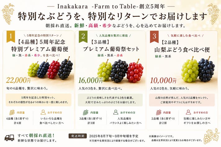 ぶどう王国山梨の少品種が集う、Inakakara5周年企画のプレミアムぶどう