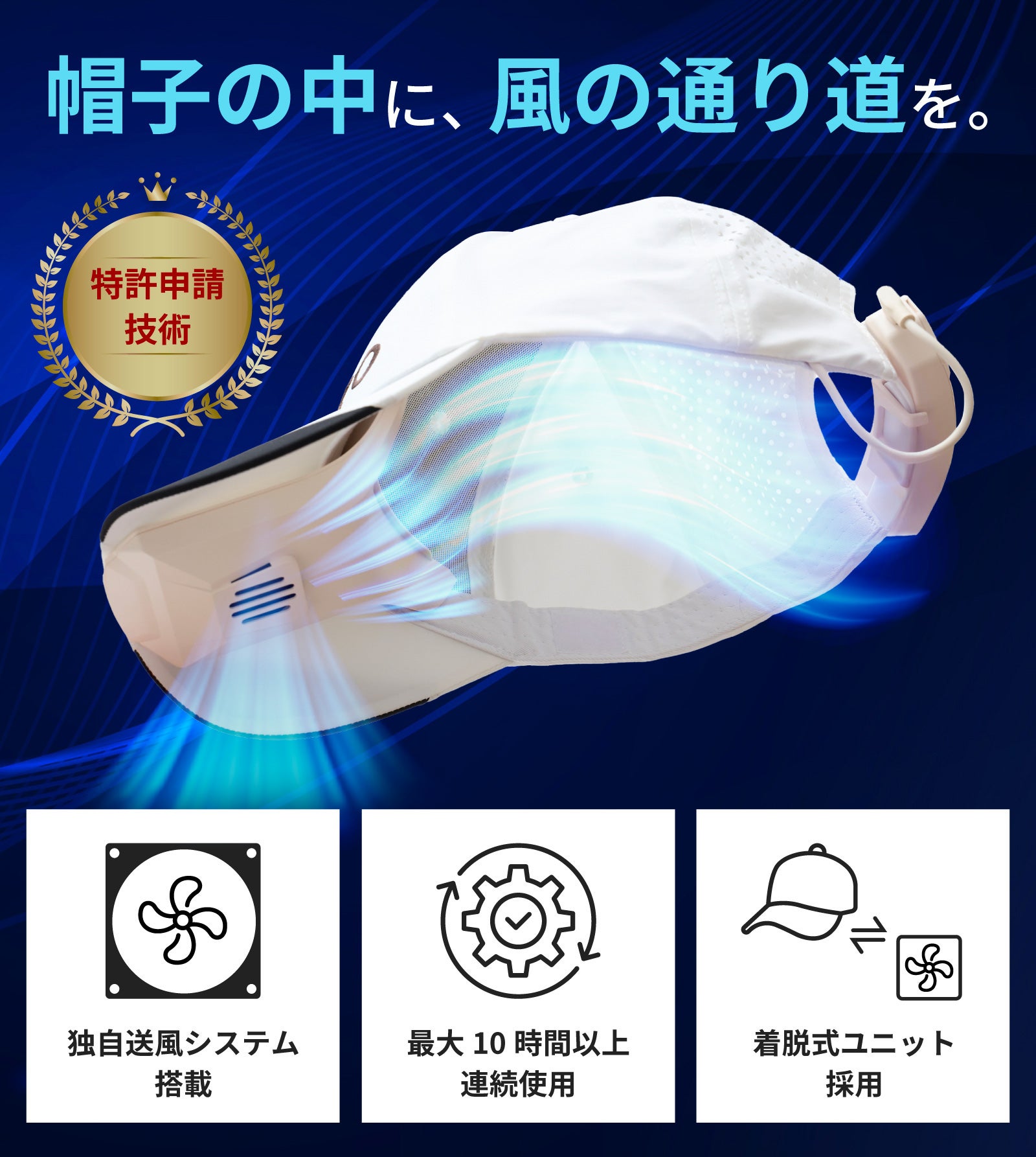 夏の帽子をサウナにしない】快適さ別次元。頭部を風が吹き抜ける未来型
