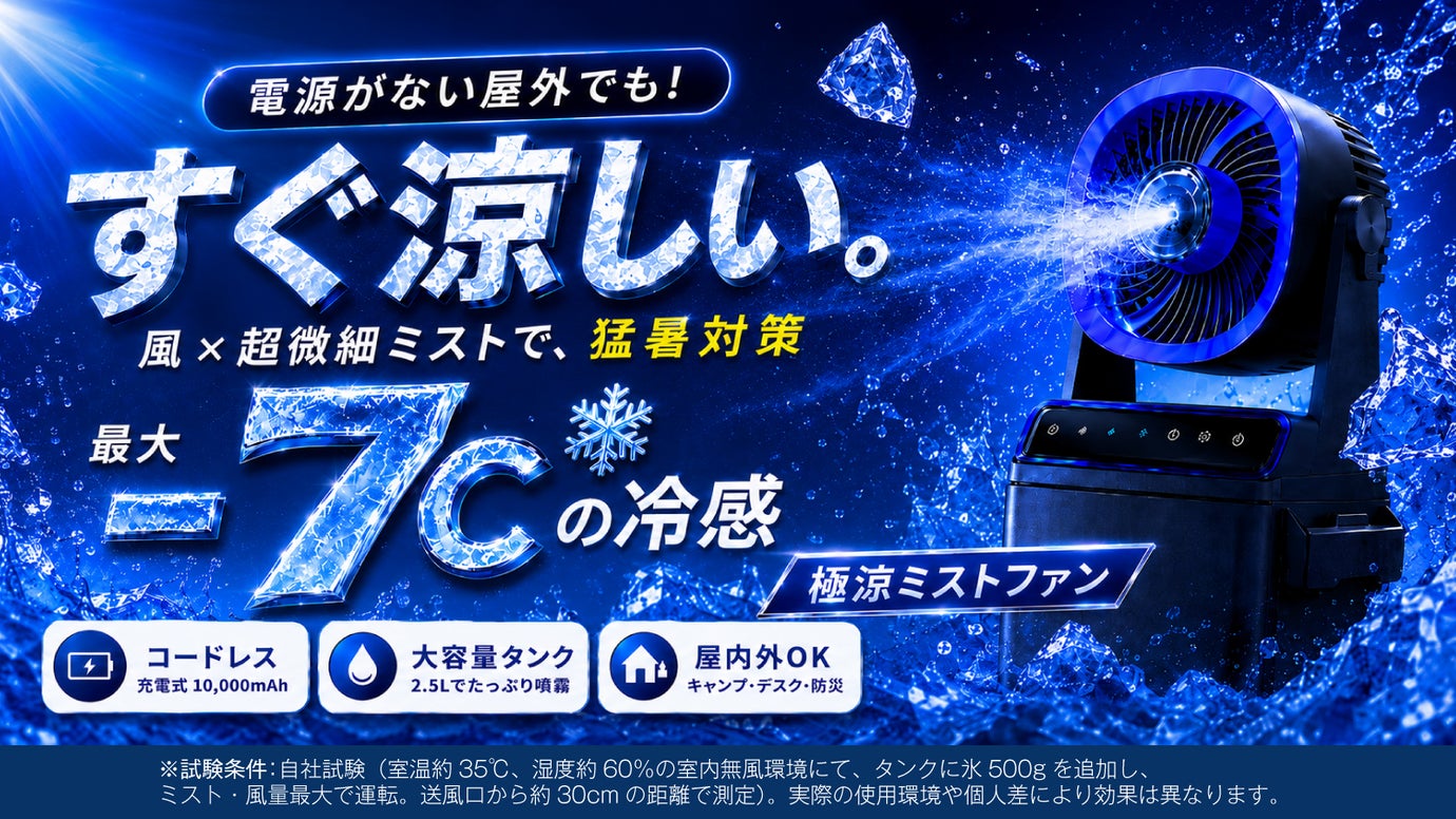 【冷感&times;W涼感】超微細ミストで濡れず屋内外どこでも長時間快適！極涼ミストファン