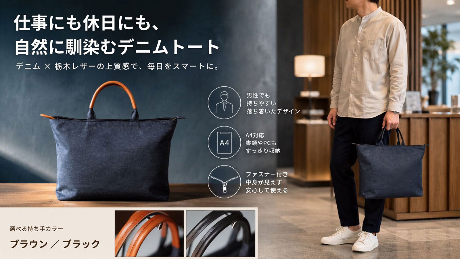 ダル　デニムトートバッグ　ブラック　ゴールド　A4サイズ　両開きファスナー A4書類もスッと収納。仕事にも休日にも持ちやすい栃木レザーハンドルの