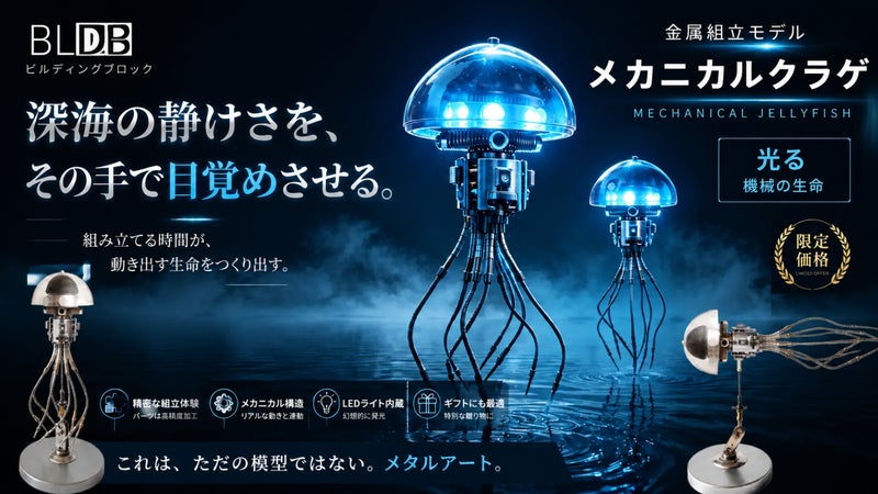 深海の輝きを放つメカニカルクラゲ! 可動８本触手と青い光の精密金属組立モデル