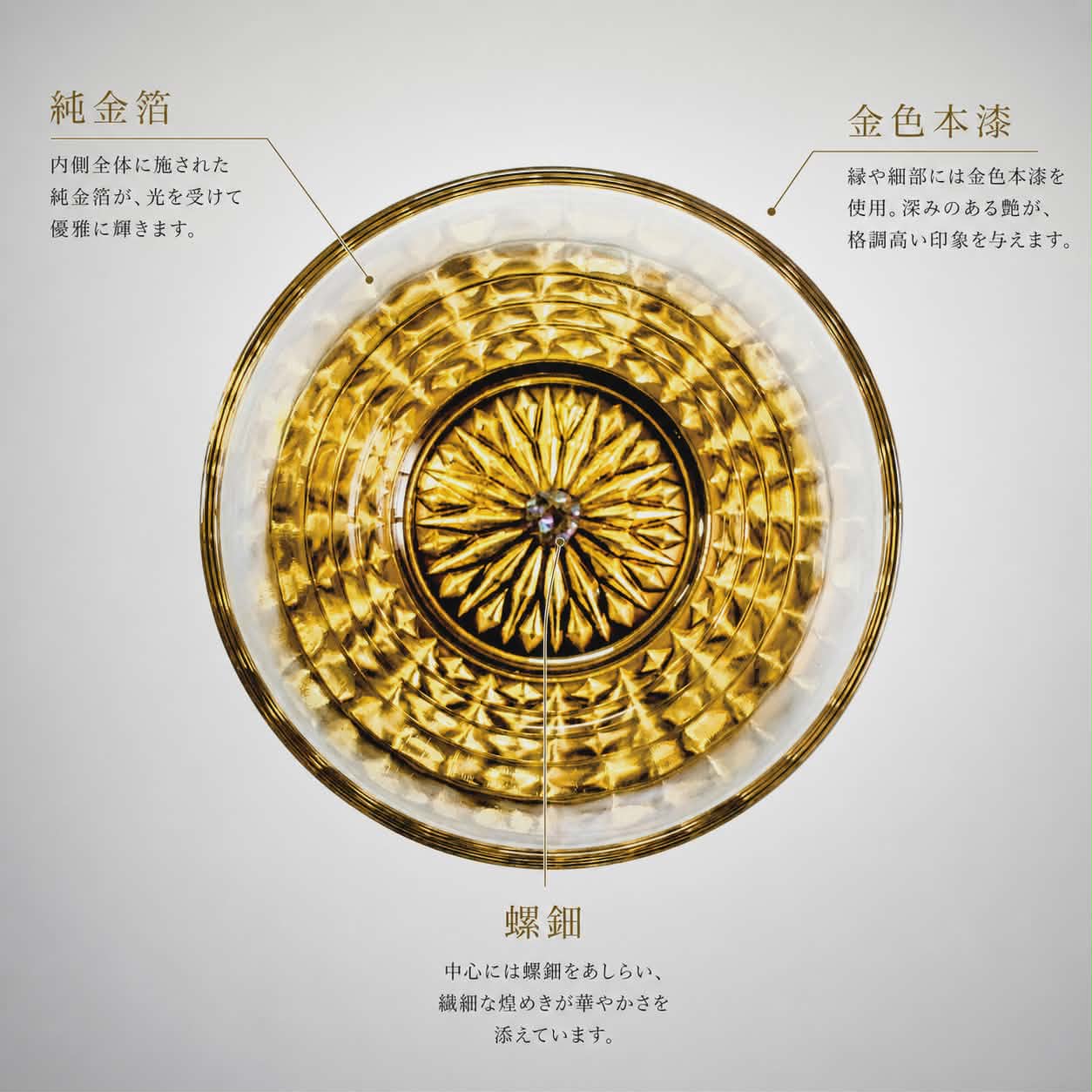 金色 彫刻模様 丸型工芸品 富山の奇跡、2千年前の森「埋没林」を映す。金箔と螺鈿が光り輝く伝統