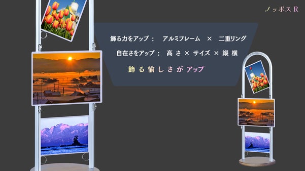 アルミフレームと二重リングの組合わせで、写真の高さ、サイズを自由に飾るスタンド