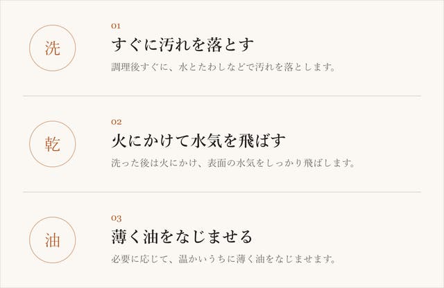 メンテナンスの3つのポイント。1 すぐに汚れを落とす。2 火にかけて水気を飛ばす。3 薄く油をなじませる。