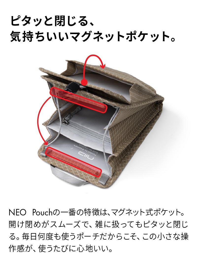 ガバッと開いて、ピタッと閉まる！一瞬で見渡せる極小ポーチ＆スリング