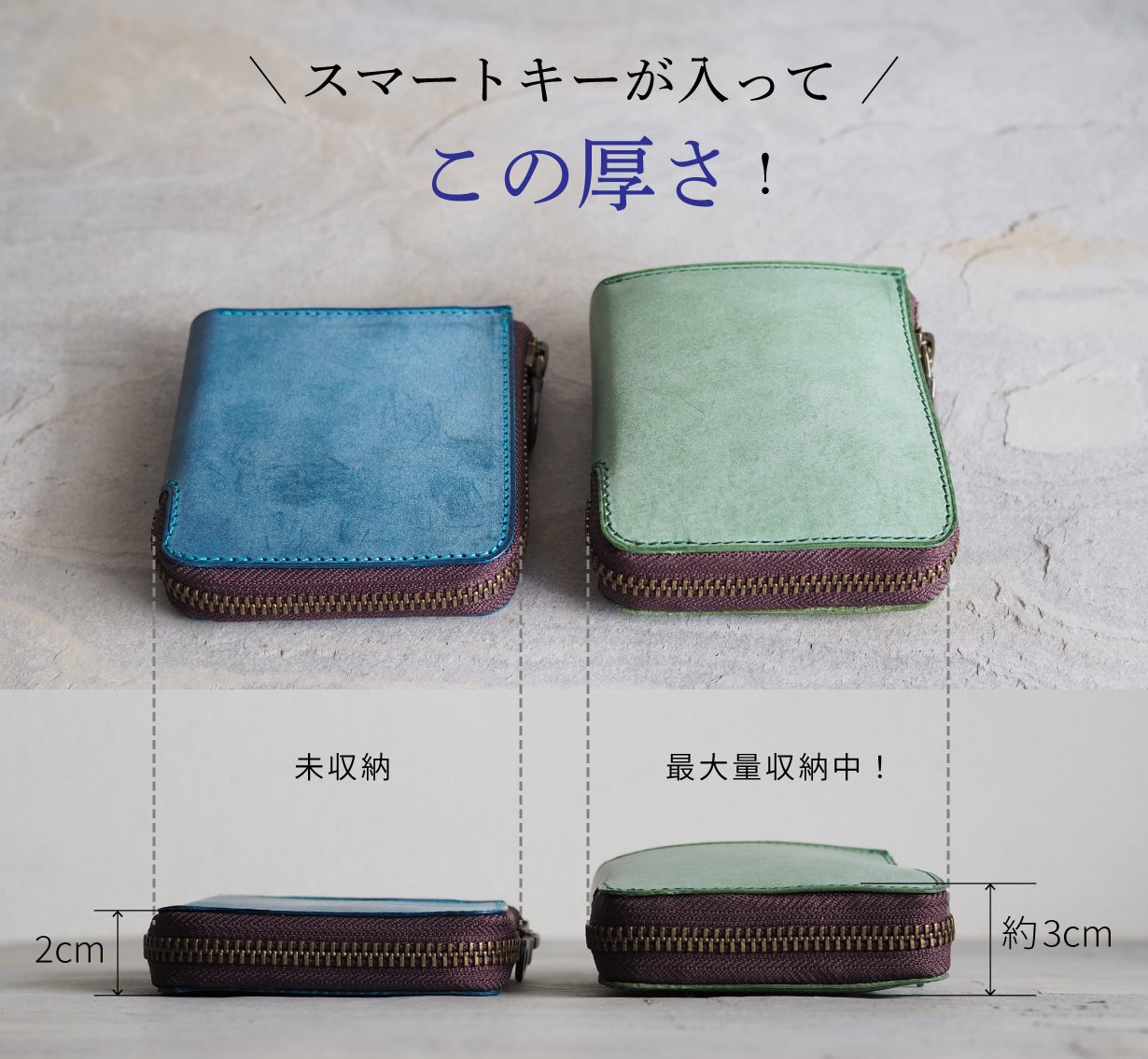 スマートキーも『折らないお札』も手のひらサイズに収まる