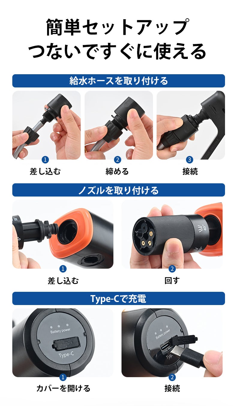 片手で使える超コンパクト設計！5つの水流と泡洗浄に対応した