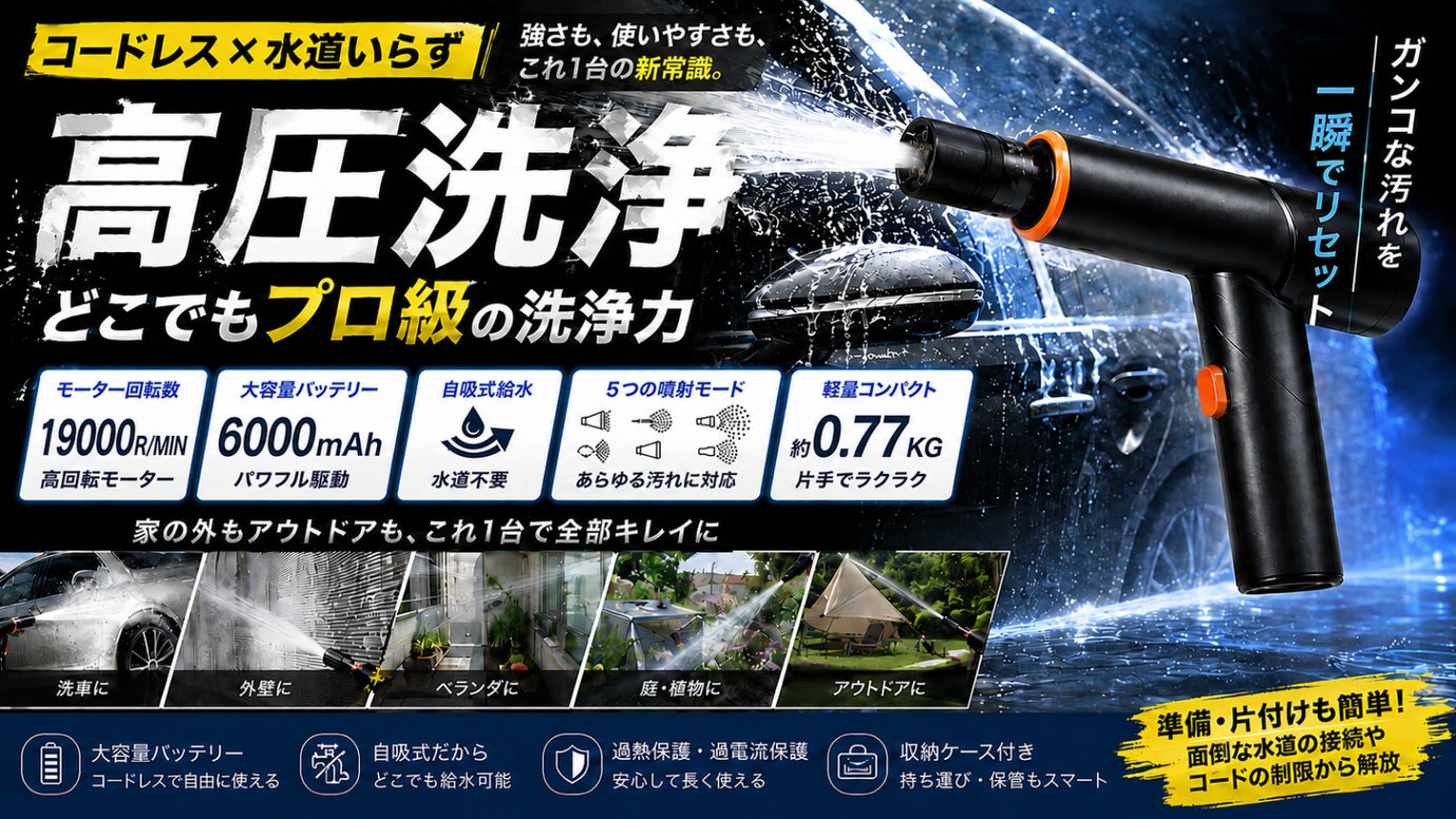 片手で使える超コンパクト設計！5つの水流と泡洗浄に対応したコードレス高圧洗浄機