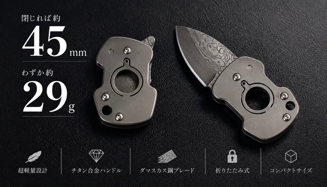 閉じれば45mm、わずか29g。チタン×ダマスカスの超小型フォールディング