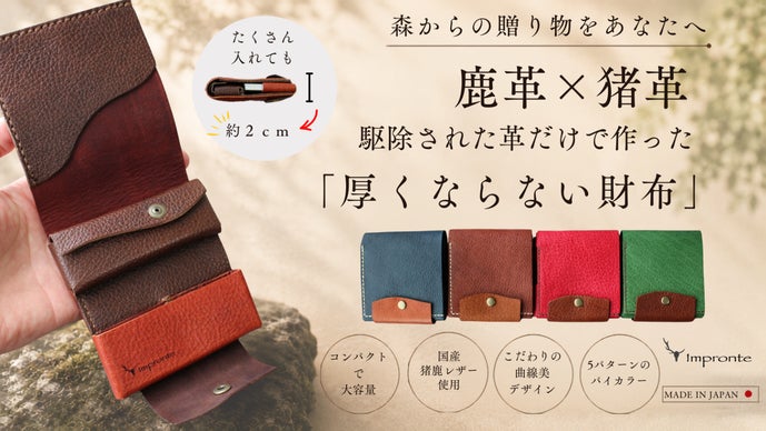 曲線デザイン&times;バイカラー！国産ジビエレザーで作る二つ折り財布 「curva」