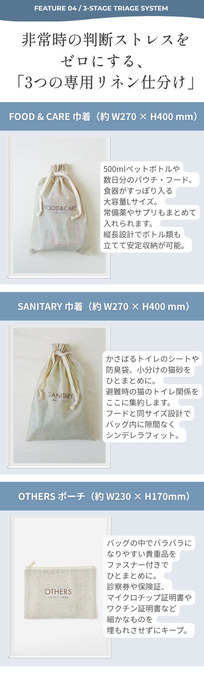 【確認用】ソーイングねこちゃん　マルチケース/バックインバック/巾着袋/ポーチ 専門家考案の「猫専用」設計】愛猫の命を守る専用仕分け巾着&3WAY防災