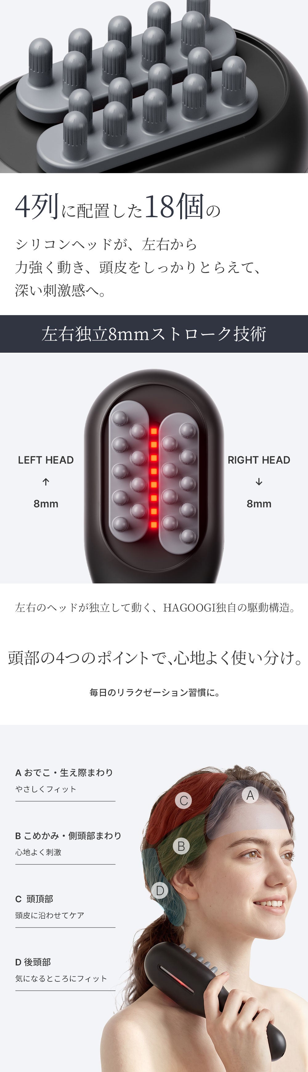 片手で両手感覚】2つのヘッドが左右に交互に動く、新発想のスカルプ