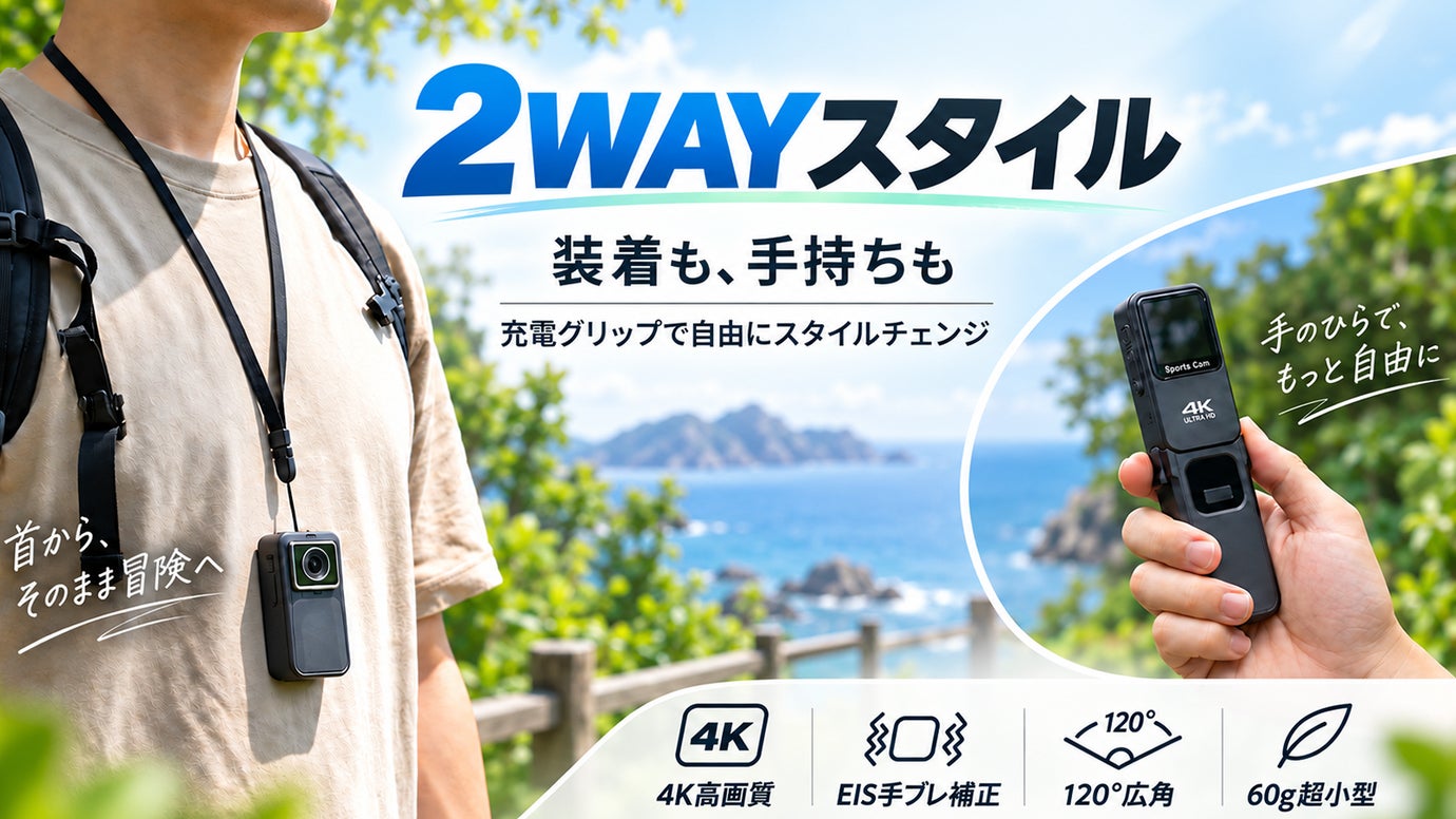 【2WAYスタイル】親指サイズの4Kカメラが、充電グリップで手持ちカメラに！