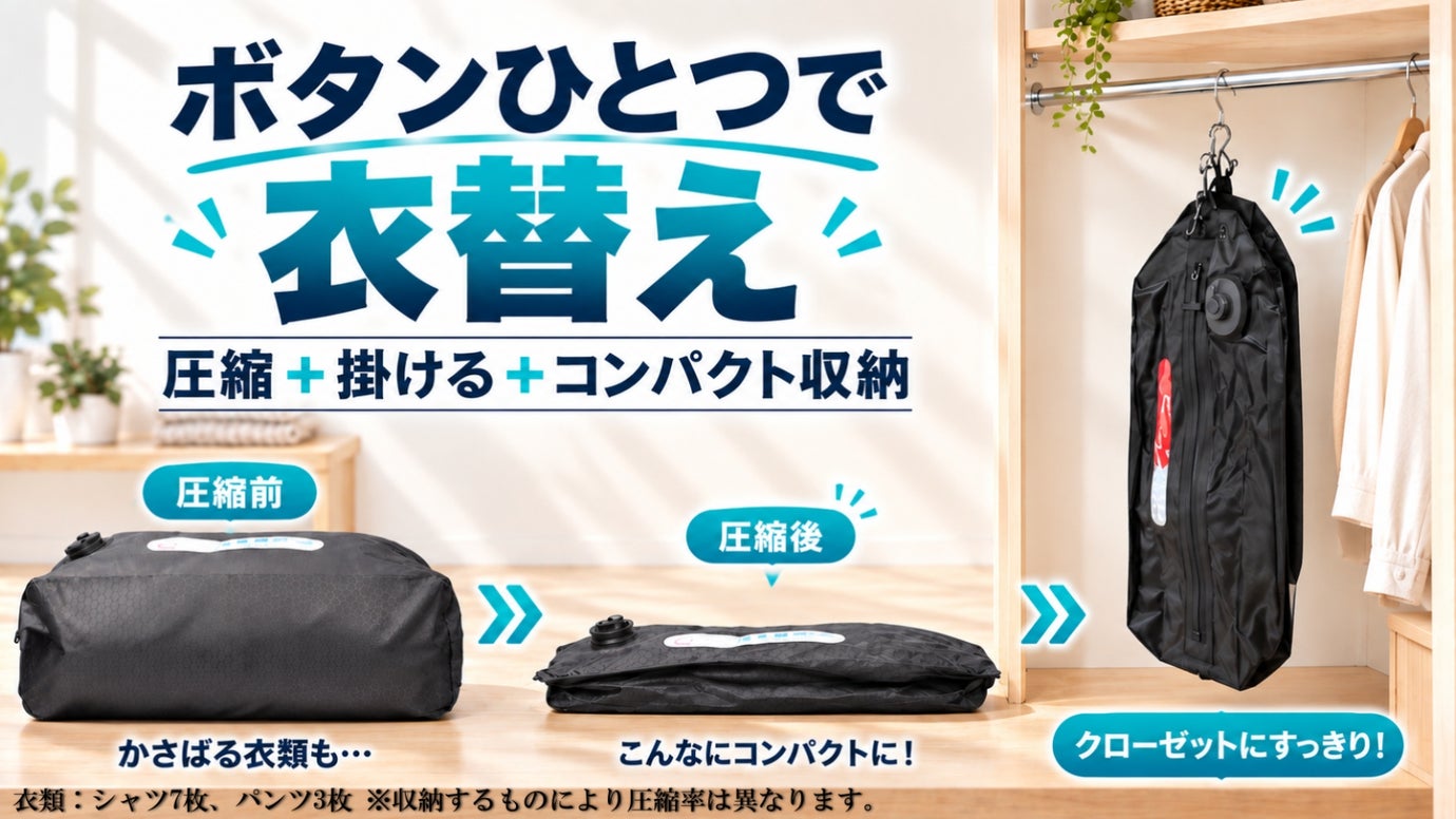 かさばる服をラクラク収納！自動圧縮&吊るす収納でスペース有効活用、専用ハンガー付