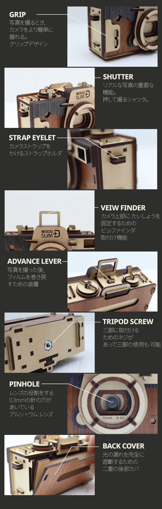 ピンホールカメラレトロ　ウッドサム　色は確認ください。 温もりのある写真が撮れそう。自分で作る木製ピンホールカメラ