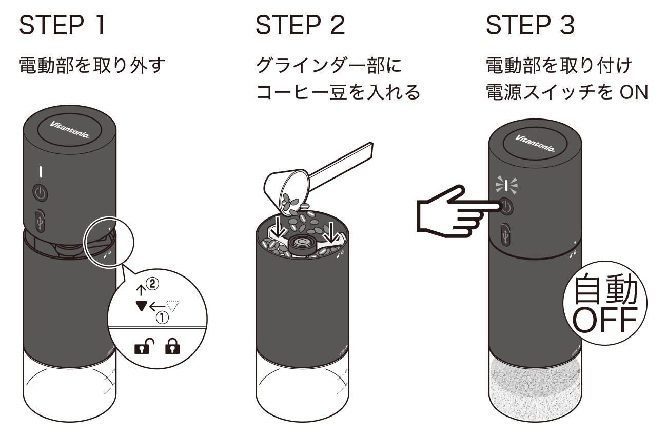 均一粒度と25段階粒度調節をコーン式で実現。充電式コードレス 均一粒度と25段階粒度調節をコーン式で実現。充電式コードレス